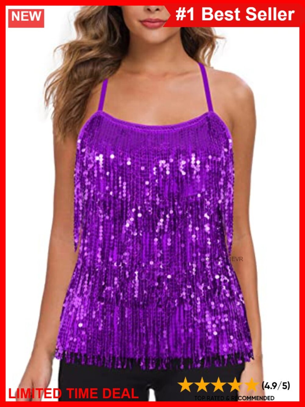 MANER Sequin Fringe Tank Top Tassel Trim Cami Party Wear